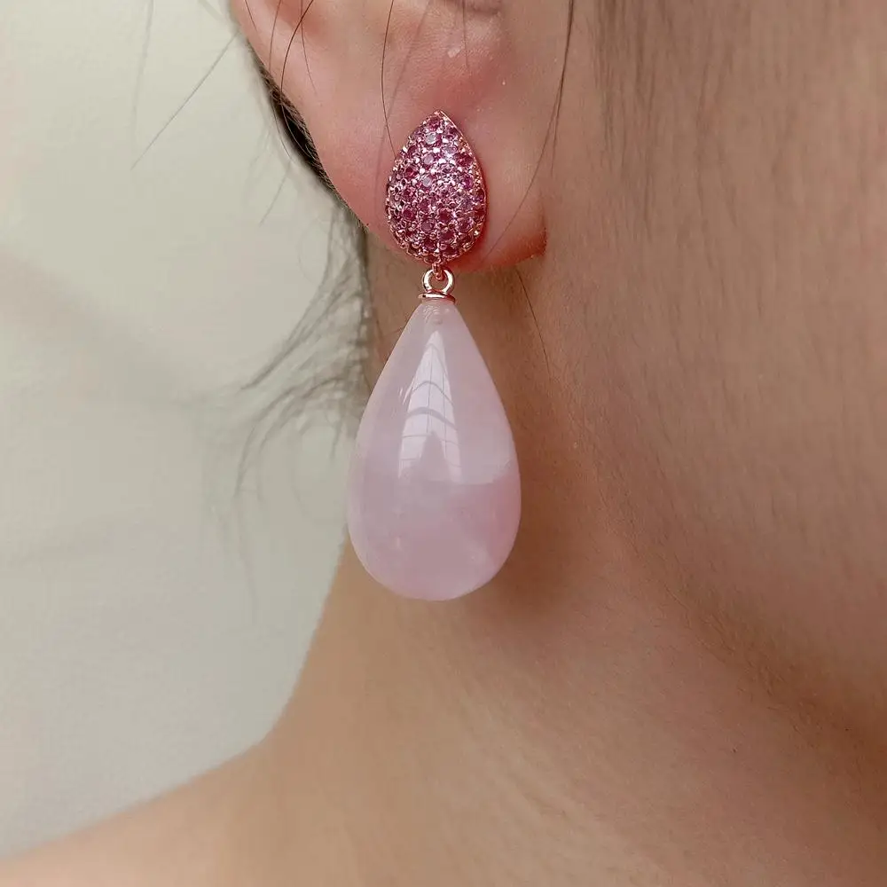 YYGEM 15x25mm Natural Rose Quartz Teardrop Shape Dangle Cz pave Stud Earrings Gemstone Jewelry