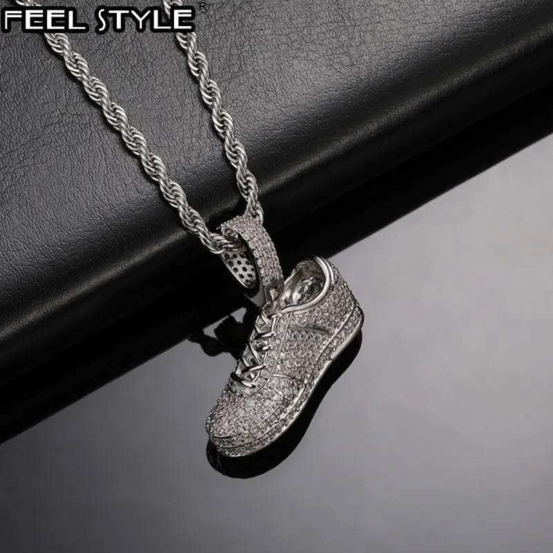 

Hip Hop Iced Out Shoes Shape Bling Cubic Zirconia Necklaces & Pendants For Men Women Rapper Jewelry With Solid Back