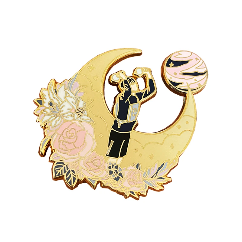 Producer Yellow Moon And Rose Beauty Man Lapel Pin Hand Made Collection Wholesale Hard Enamel Zinc Alloy Badge Brooch For Gift