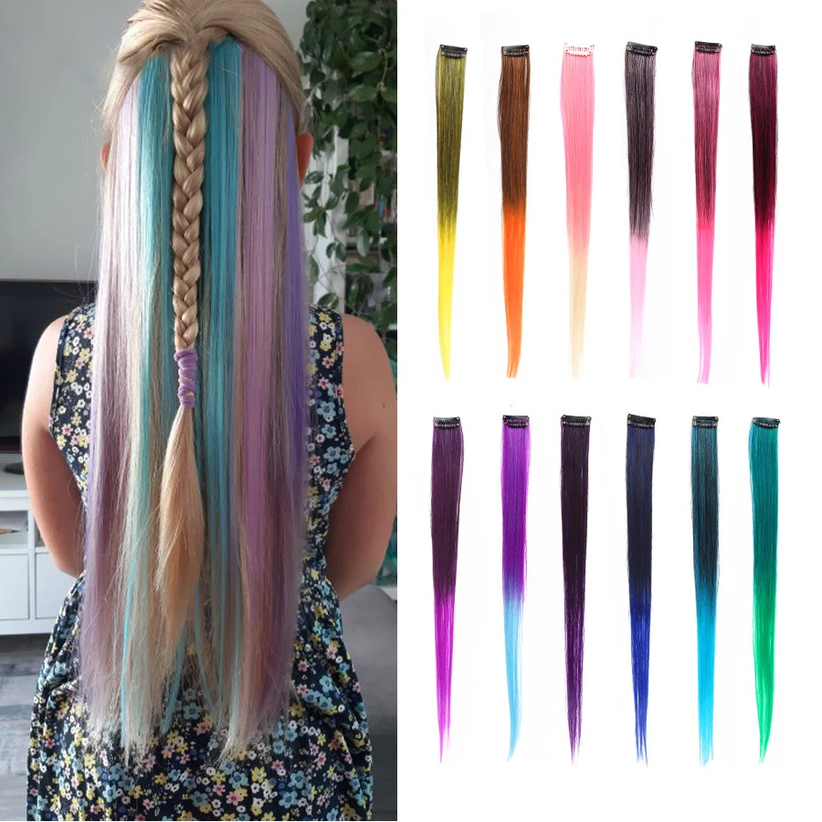 Synthetic Leeons Clip In one Pieces Hair Extensions Heat Resistant Hairpieces Rainbow Ombre Hair Extensions Fake Long Hair Women