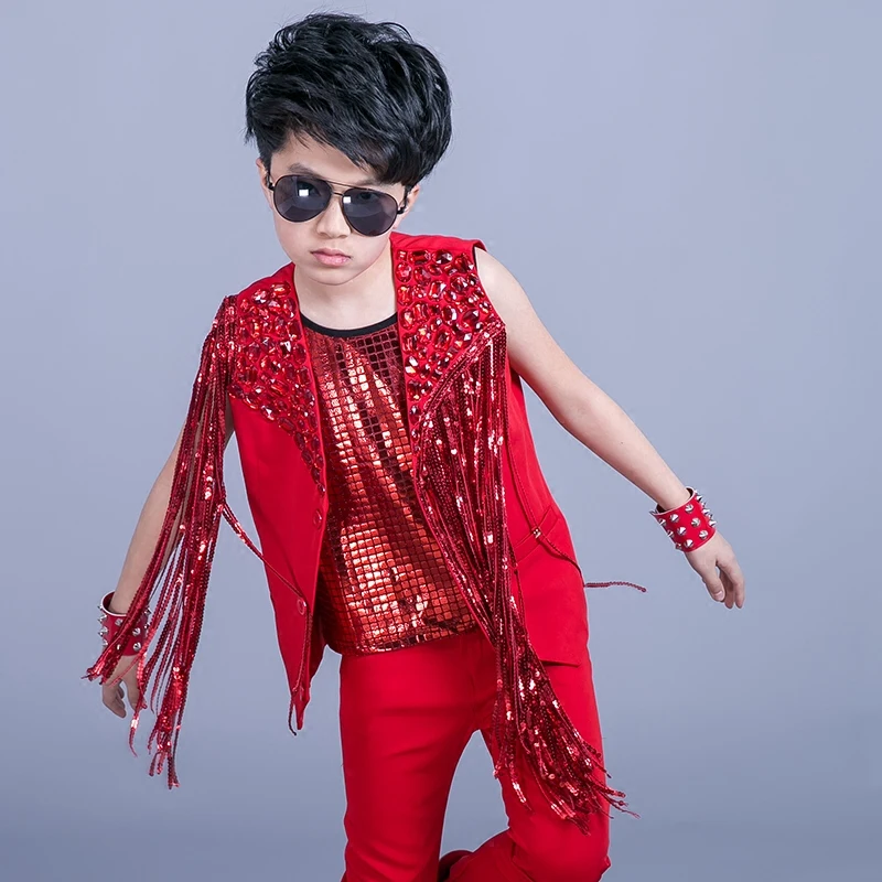 Jazz Dance Costumes Boys Red Fringed Coat Kids Hip Hop Street Dancewear Children Rave Clothes Performance Stage Outfit DNV11848