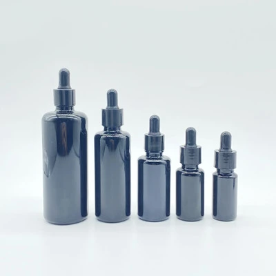 Custom printing logo 10ml 15ml 20ml 30ml 50ml 100ml 200ml Black Shiny Glass Euro Round Dropper Bottles Essential Oil Bottles