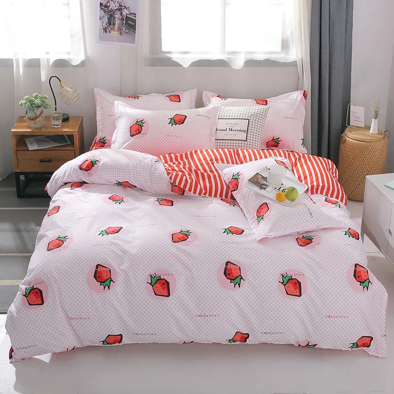 Pink Strawberry Comforter Bedding Sets Bed Sheets Cute Fruit Duvet Cover King Queen Size Gift For Girl Kids Lovely Bedspread