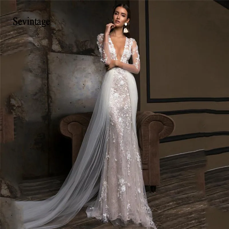 Sevintage Sirena Abiti Da Sposa Rimovibile Pannello Esterno Del Merletto Appliqued Abiti Da Sposa Con Scollo A V Manica Lunga Della Sposa Vestito Da Partito Su ordine