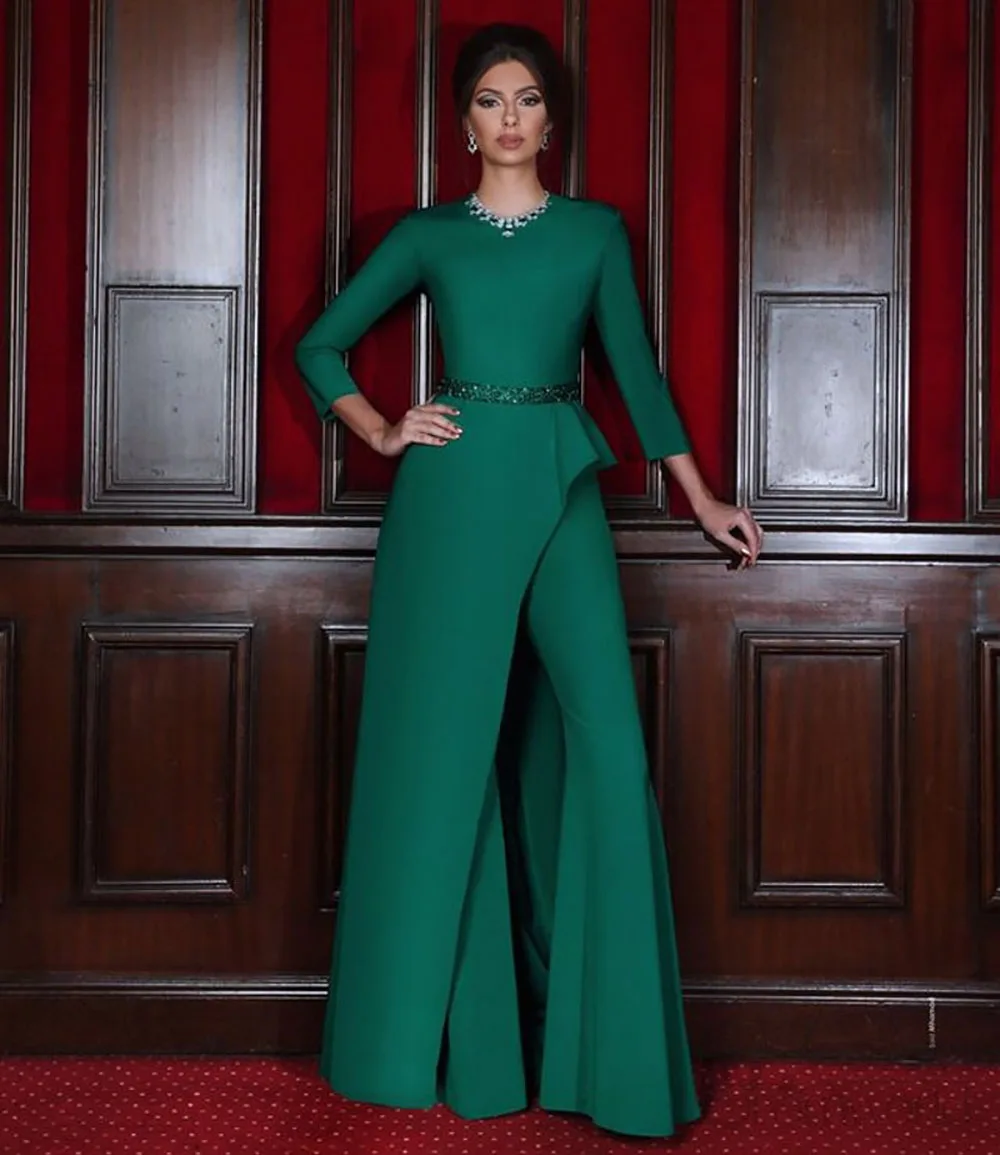 

New Elegant Emerald Green Evening Dress O-Neck Beading Three Quarter Sleeves Asymmetrical Satin vestidos de gala Evening Gown