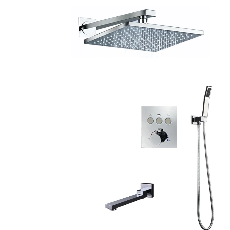 Bathroom Shower Faucets Set Brass Chrome 10inch Rainfall ShowerHead Button Touch Thermostatic Mixer Valve With Tup Spout