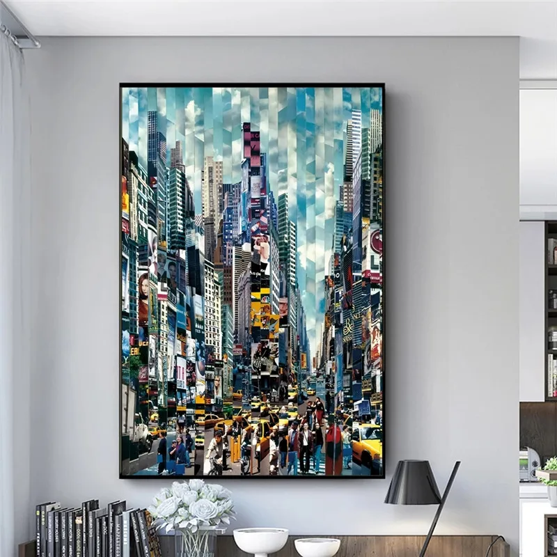 Abstract Crowded City Street Posters And Prints Oil Painting On Canvas Wall Art Modern Buildings Decor Picture For Living Room