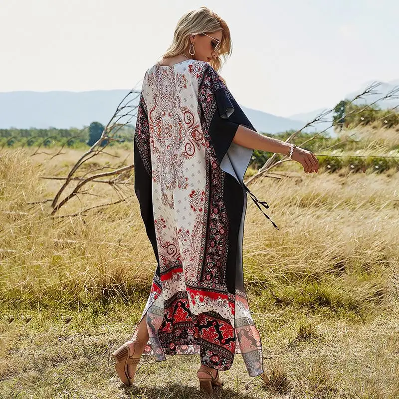 Robe longue à manches chauve-souris pour femmes, vêtement de rue, col rond, taille ample, Patchwork Floral, printemps été 2021