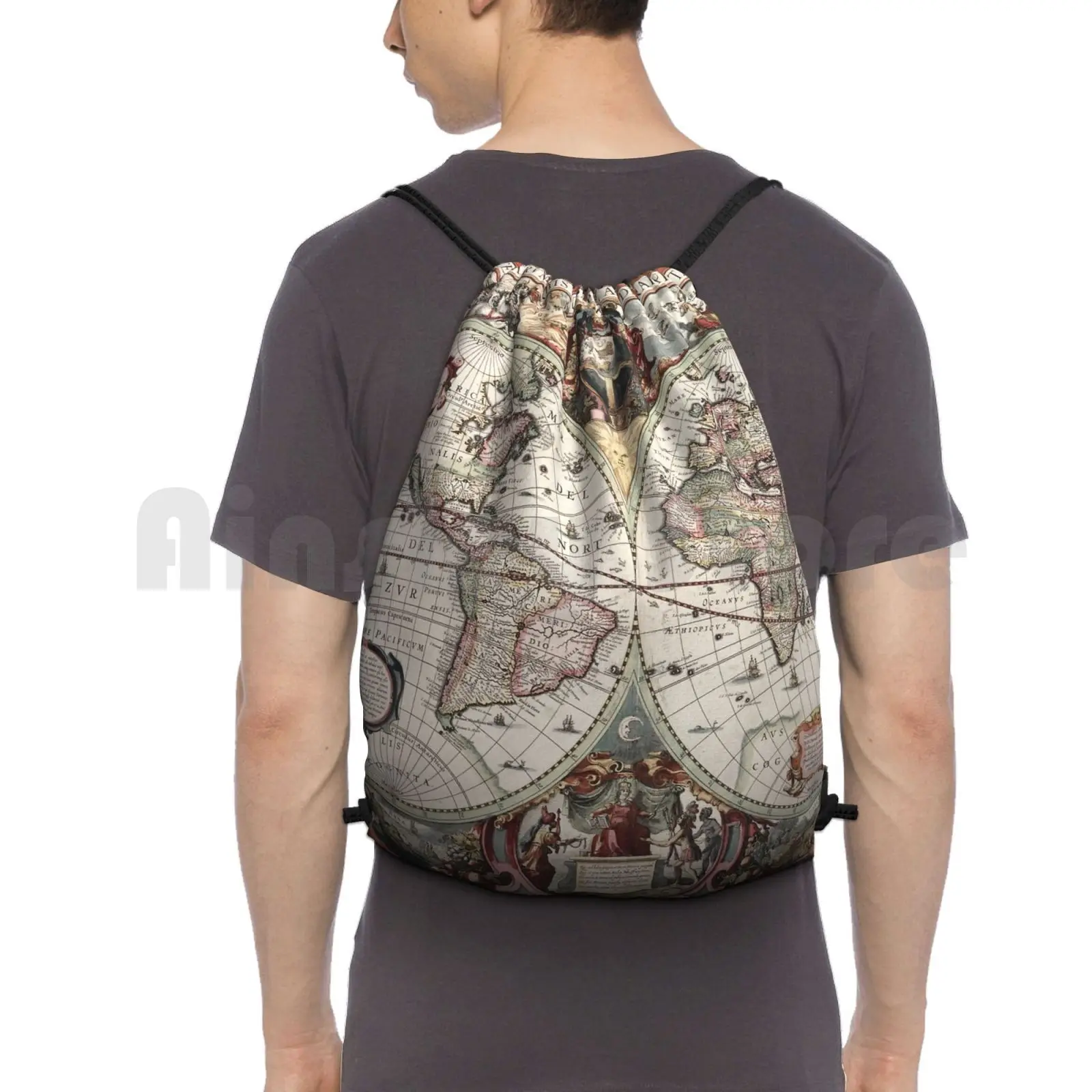 Vintage Maps Of The World. Geographic And Hydrographic Map Of The Whole World Backpack Drawstring Bags Gym Bag Waterproof