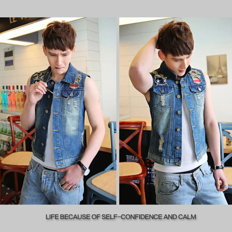 

Ripped Denim Vest Mens Designer Patches Embroidery Print Streetwear Sweetshirt Retro Vintage Slim Fit Men Tank Top Sleeveless