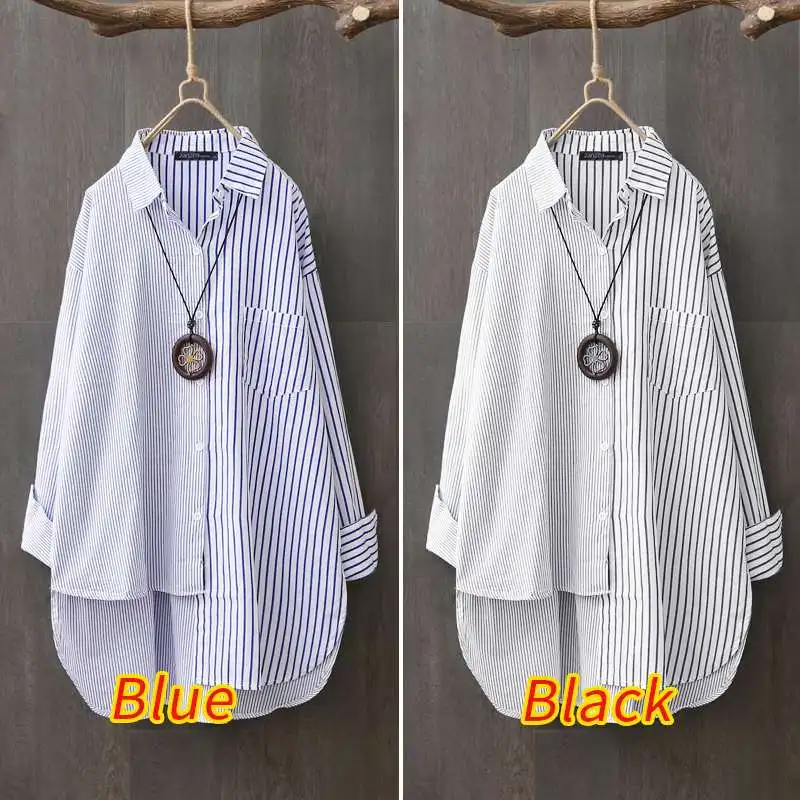 Women\'s Striped Shirts ZANZEA 2023 Elegant Asymmetrical Tops Casual Long Sleeve Blusas Female Button Patchwork Tunic Oversized