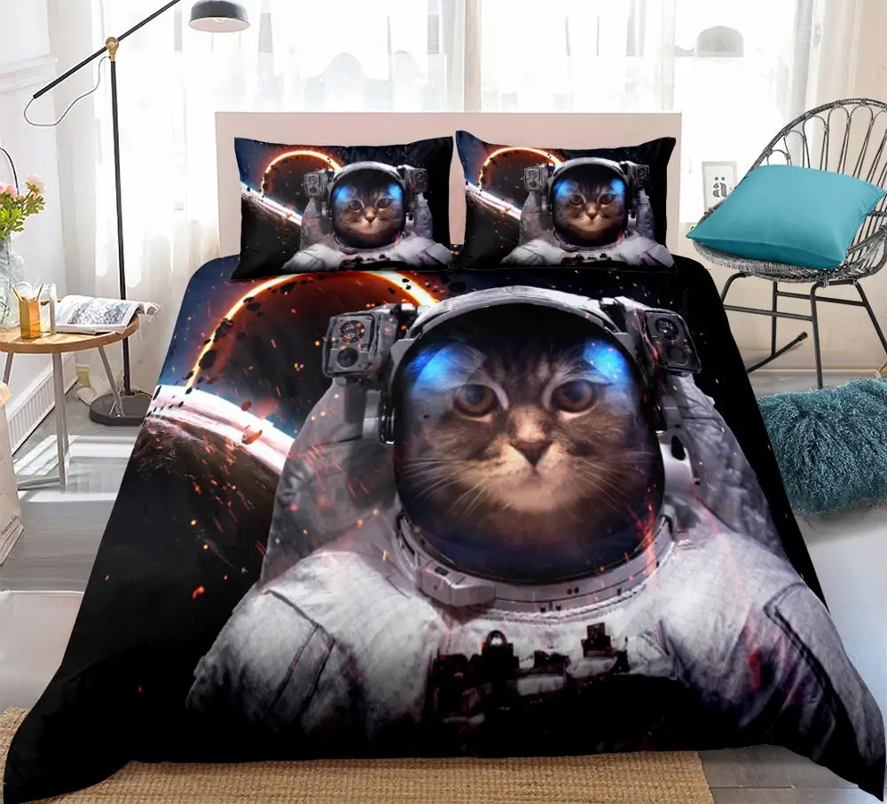 3D Space Cat Bedding Astronaut Cat Duvet Cover Set Teens Kids Galaxy Bedding Set Star Universe Quilt Cover King 3PCS Dropship