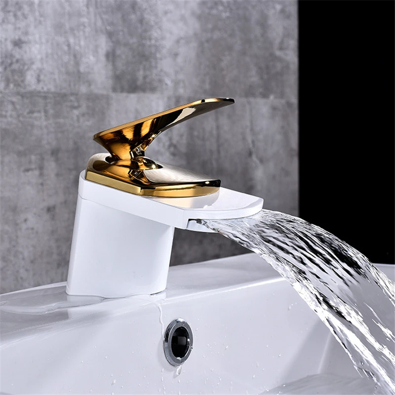 

White And Gold Basin Faucet Single Handle Single Hole Bathroom Sink Faucet Waterfall Faucet Deck Mounted Mixer Taps BF20111405
