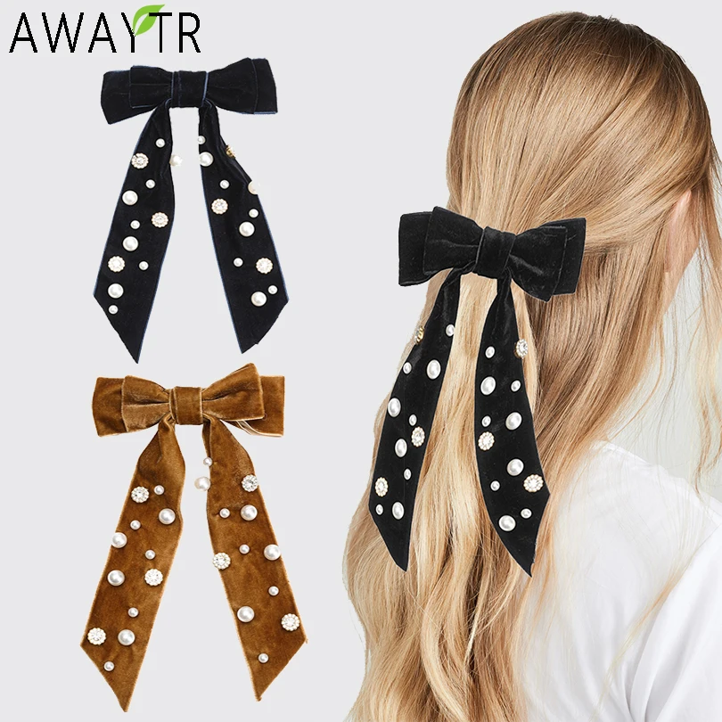 AWAYTR – Barrettes en velours pour filles, nœuds de perles en cristal solide, épingles à cheveux, accessoires pour cheveux faits à la main, couvre-chef Mujer
