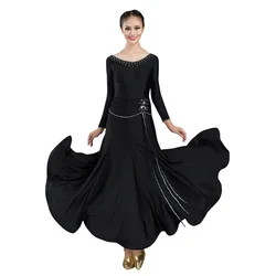 Ballroom Dance Practice Clothes Rhinestones Competition Ballroom Dancing Dress Womens Long Sleeves Costumes Modern Waltz Dress