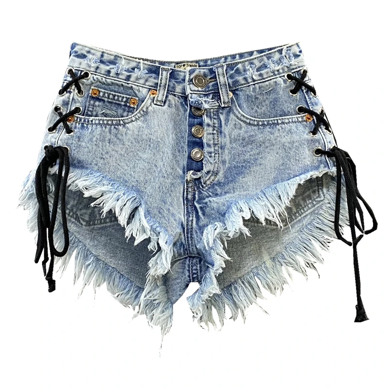 Imagem -06 - Calção Jeans de Cintura Baixa Feminina Cintura Alta Peito Único Alça Cruzada Lavada Lado Rasgado Curto Calça Sexy Quente Novo 2023