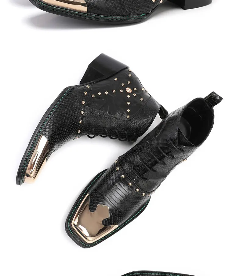 Men's Cowhide Serpentine Print Metal Decor Pointed Toe Belt High‑Heel Short Boots Western Cowboy Boots For Stage Show Party
