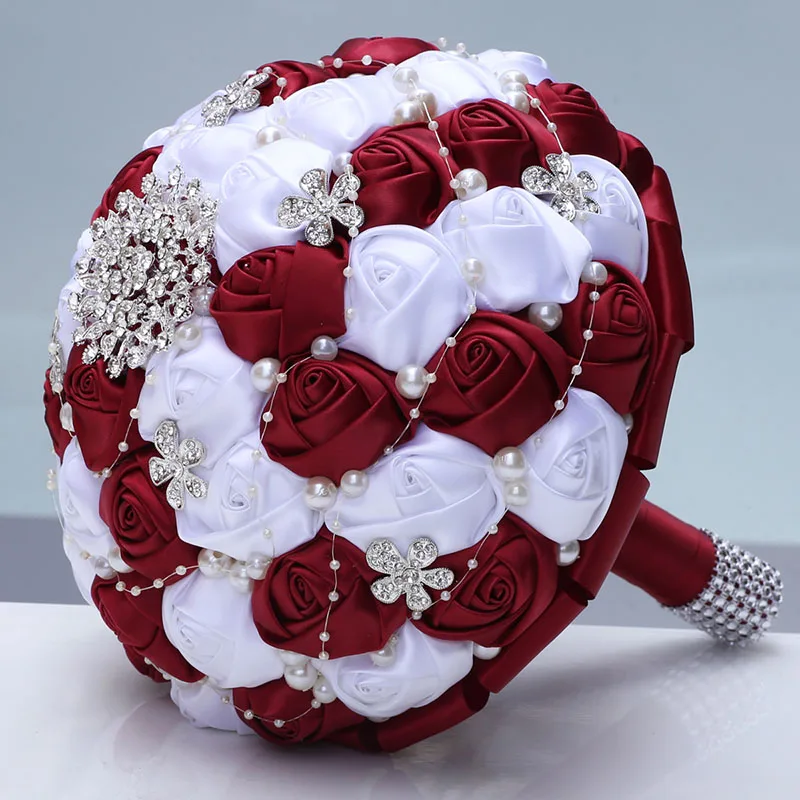 Handmade Ribbon Wedding Rose Flowers Rhinestone Bridal Bouquets Pearl Bridal Holding Bouquet Fleur Artificielle Mariage W224D