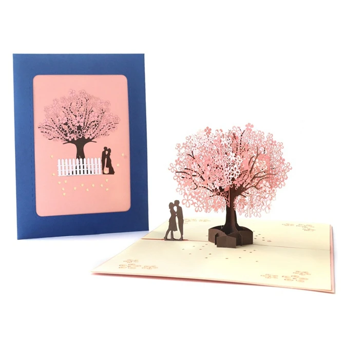 10 pcs 3D Pop Up Greeting Cards Romantic Cherry tree Laser Cut Post Card Birthday Christmas Valentine' Day Party Wedding Decor