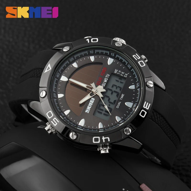 SKMEI-reloj deportivo de moda para hombre, cronógrafo de cuarzo con doble pantalla, resistente al agua, militar, despertador