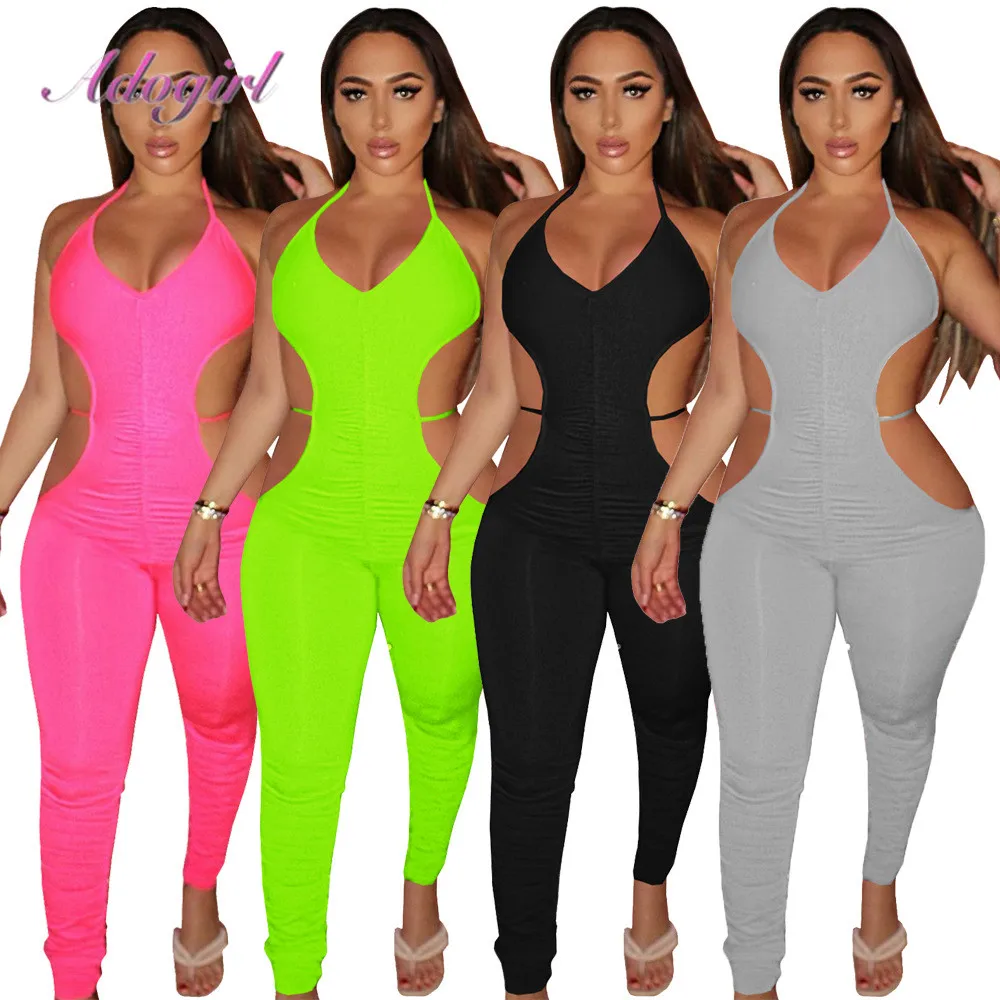 Sexy Solid Lace Up Hollow Out Halter Party Club Skinny Jumpsuit Women Summer Outfit Backless Bandage Rompers Fitness Overalls