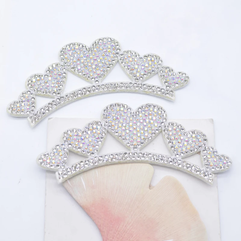 6Pcs White Padded Heart Shaped Crown Rhinestone Applique for DIY Baby Clothes Crafts Decor Patches Headwear Hair Bow Accessories