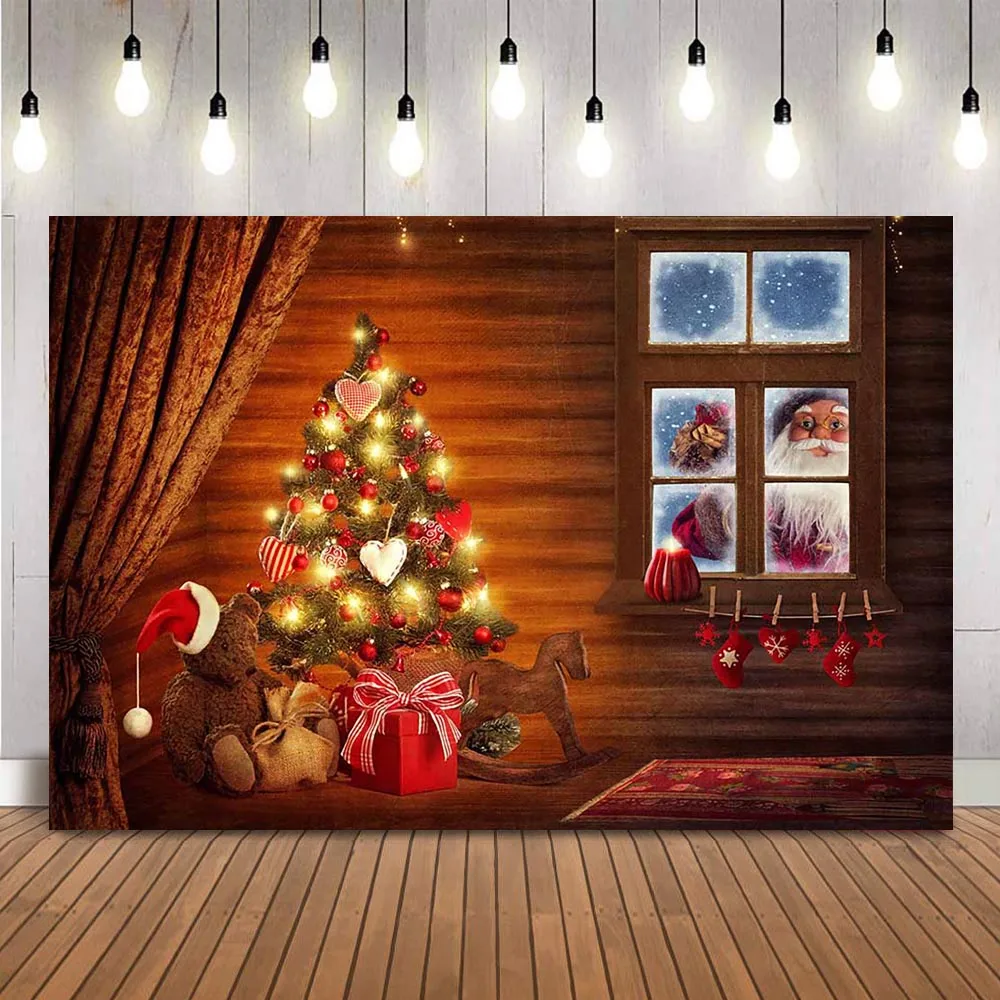 Christmas windows tree backdrop for photography Santa Claus Curtrain Blankle Newborn Baby Photocall Background Prop Decoration