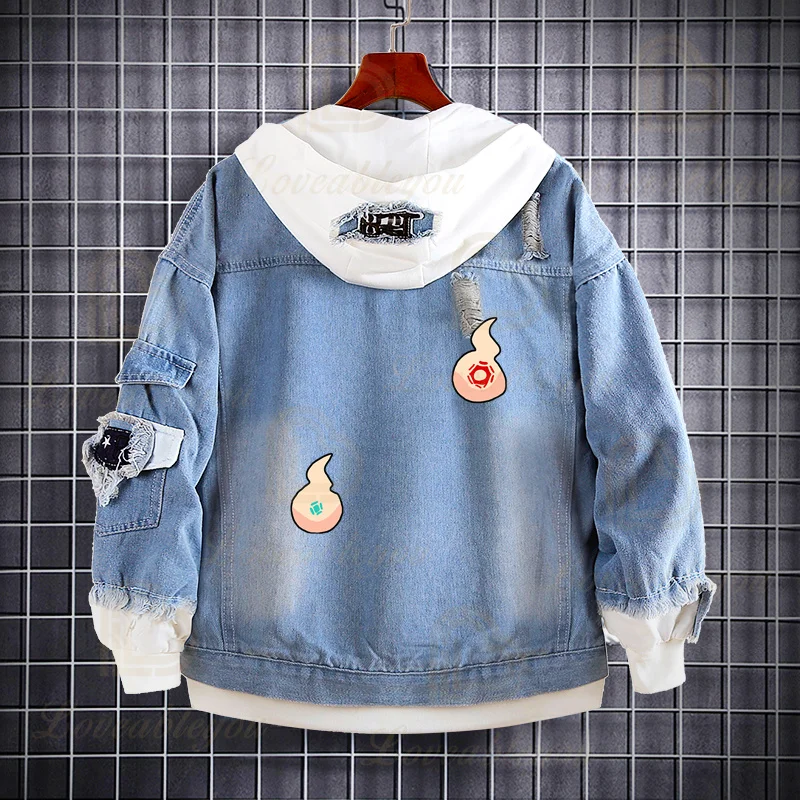 Janpanese Anime Cosplay Hoddies Light Blue Denim Jacket Streetwear Hip Hop Hooded Jean Jackets Outwear Coat Boys Girls