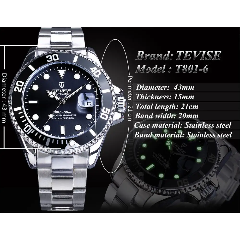 TEVISE-Montres-bracelets mécaniques Automatci, lunette noire, argent, acier inoxydable, calendrier, affichage, marque de luxe, haut de gamme, 2020