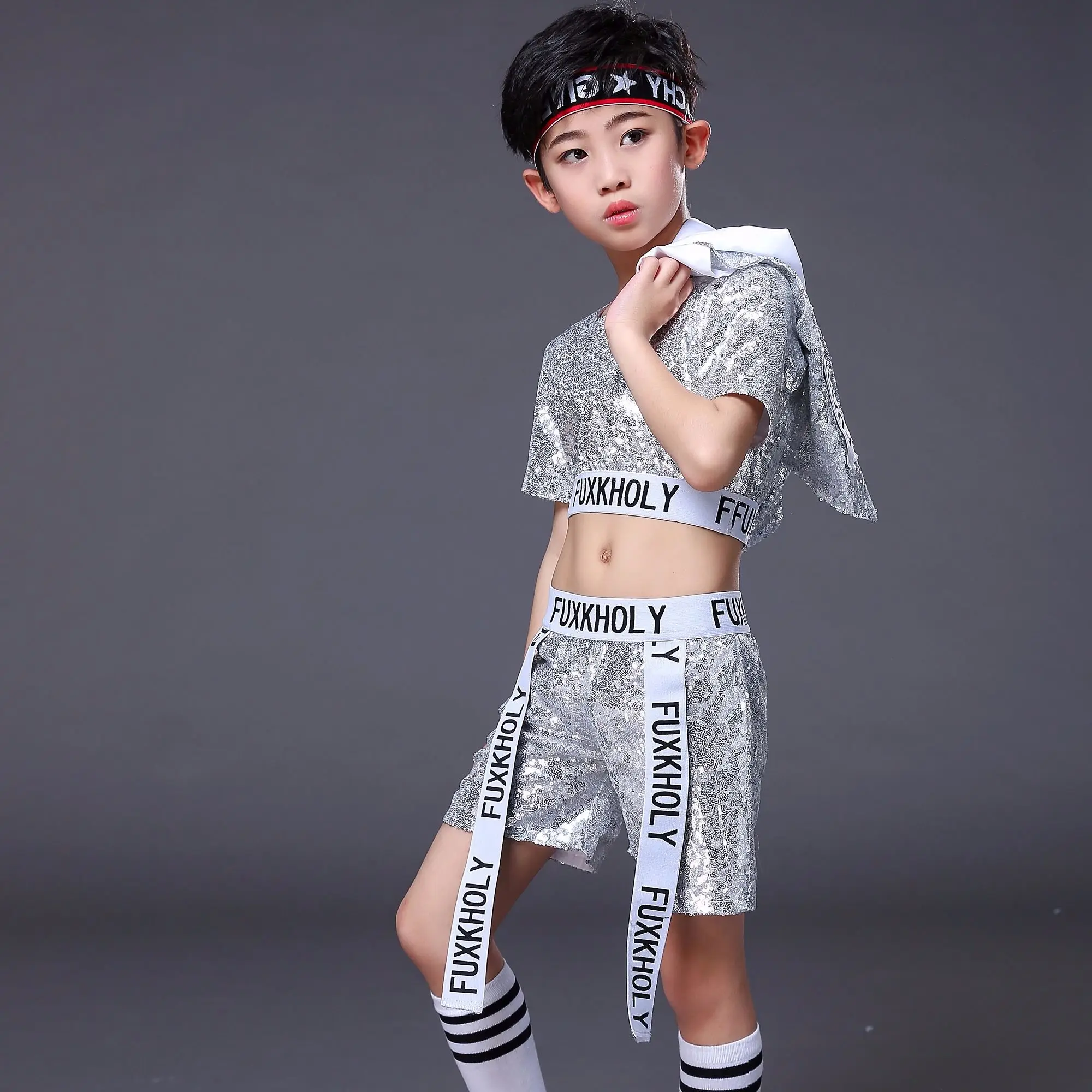 Children's Hip-hop Dance Costumes Kids Boy Bright Silver Sequins Pants Suit Jazz Street Dancewear Cheerleading Costume 100-160cm