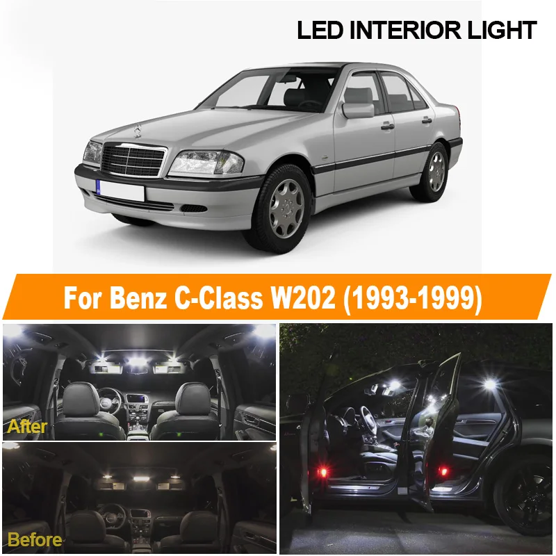 12pcs White Error Free LED License Plate Bulbs Interior Map Dome Light Kit For Mercedes-Benz C Class W202 Sedan 1993-1999