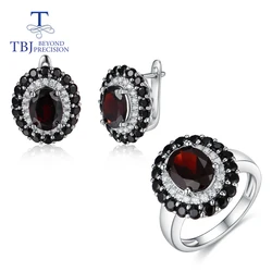 TBJ,New style natural black garnet gemstone 925 sterling silver ring and earrings fine jewelry set for women party & daily wear