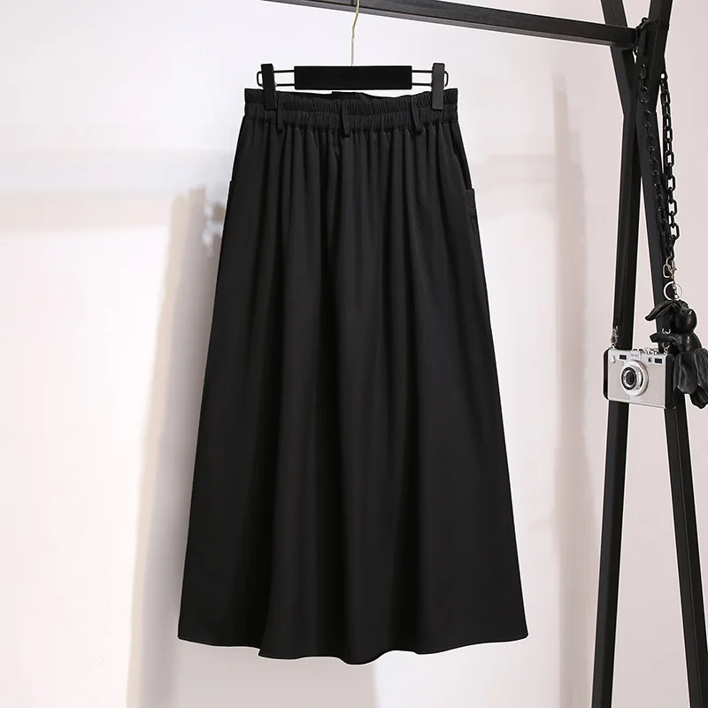 150Kg Plus Size Women\'s Spring New Loose High Waist A-Line Skirt 5XL 6XL 7XL 8XL 9XL Solid Button Elastic Waist Long Skirt Black