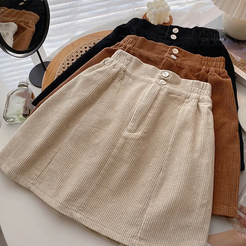 

Women Mini Skirts Vintage Ladies Autumn Winter Korean High Waist A-line Corduroy Solid Elestic Skirt Female Casual Streetwear