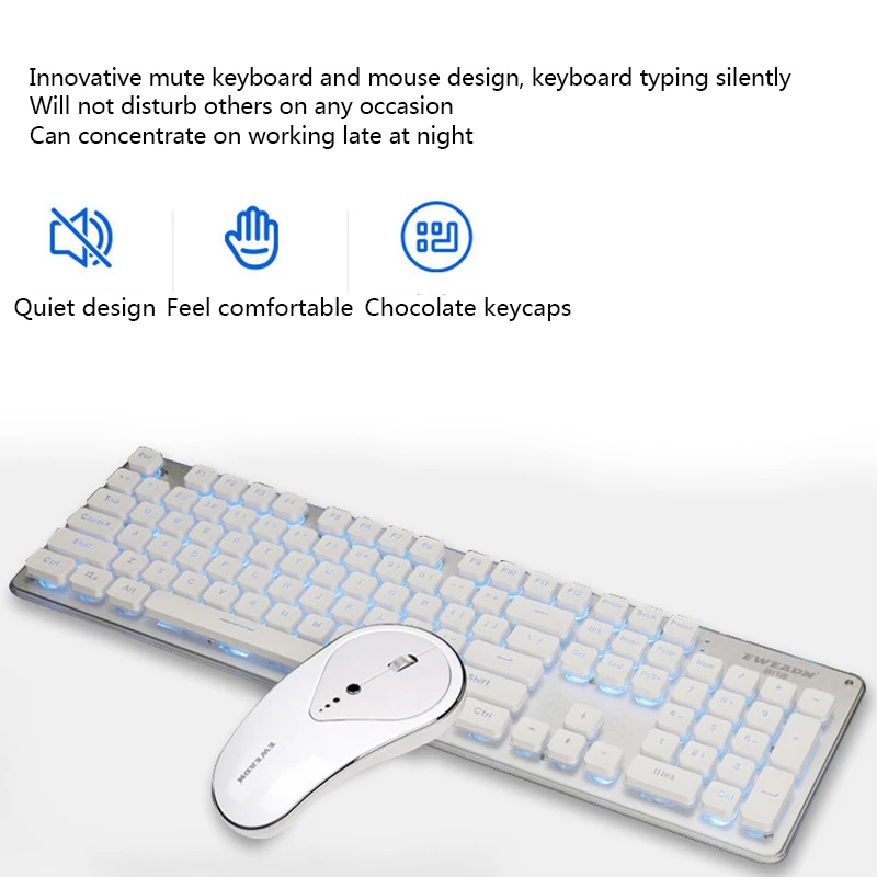 Teclado e mouse conjunto mudo luz e escritório fino teclado sem fio simples luminoso mouse