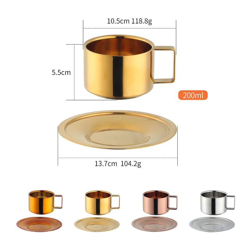 200ml Gold Coffee Cup Saucers Set stainless steel Mug Tea Cup with tray Metal water Milk cups Cafe Party Drinkware Kitchen tools