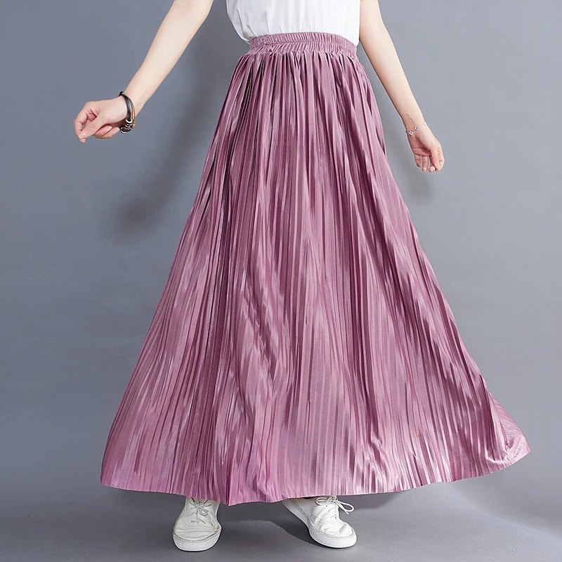 Spring Summer Long Pleated Skirts Womens Beige Gray Pink Blue Green Purple Black White Maxi Skirt Korean Style Straight Skirt