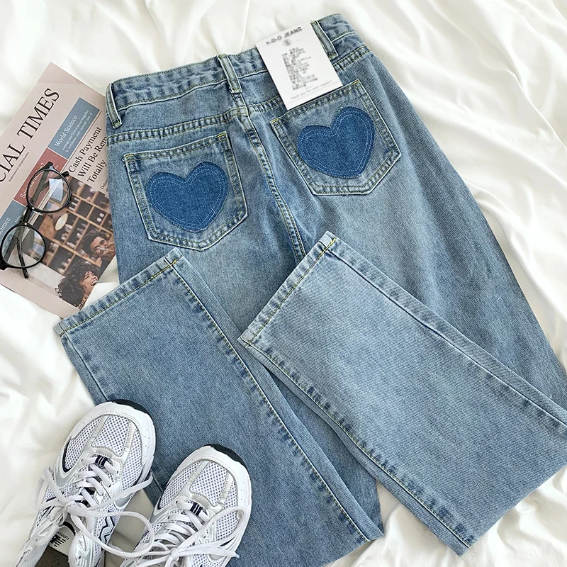 Frauen Blau Jeans 2021 Frühling Herz Stickerei Streetwear Hohe Taille Gerade Lange Hosen Vintage Harajuku Casual Denim Hosen