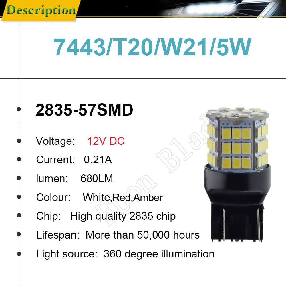 Para T20 Led W21/5W 7443 7440 DRL odwróć Singal Light 57SMD samochód tylny hamulec żarówka Led włączone światła biały czerwony bursztyn żółty 12V