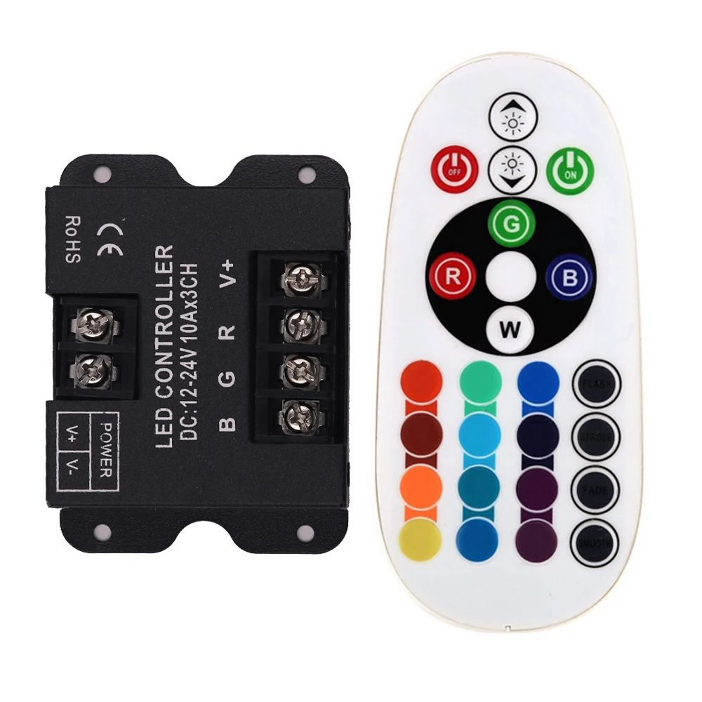 

12V 24V RGB Controller 24key IR Remote Control 30A Big Power 10A*3CH 360W Iron Shell BT Controller for RGB Strip Lights