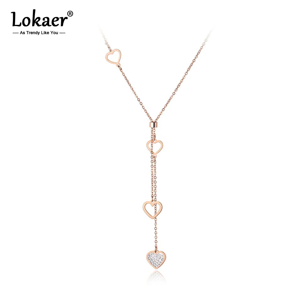 Lokaer Original Design Titanium Steel Lovely Heart Charm Necklaces Jewelry CZ Crystal Pendant Chain Necklace For Women N19075