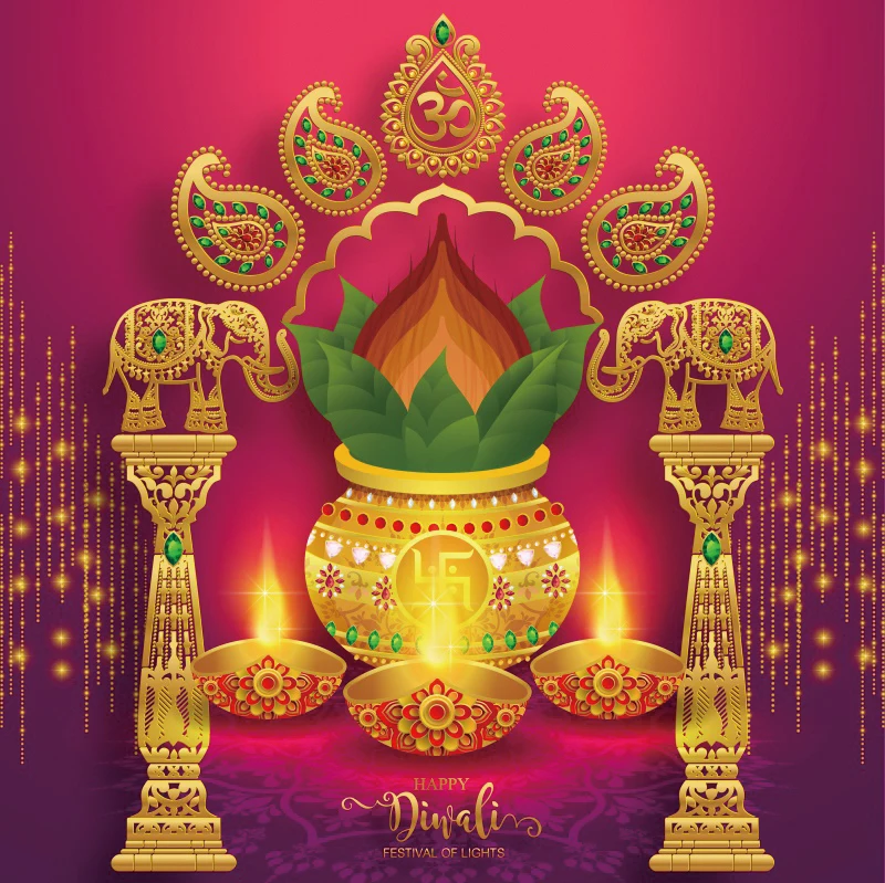 Laeacoo Diwali Festival Wall Hanging Gold Sparkly Red Backdrop Candle Elephant Fireworks Photography Backdrop Photo Background