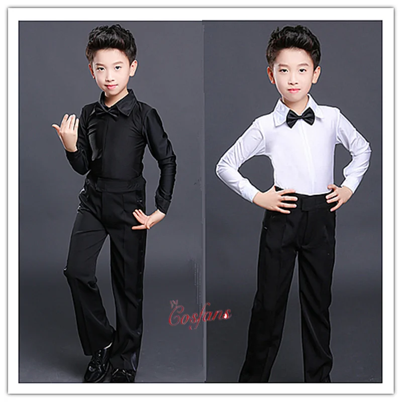 Ragazzi Latino Costume di Ballo di Sala Da Ballo Cha Cha Rumba Salsa Tango Insieme Dei Vestiti di Prestazione Della Fase Dei Bambini Nero Fiocco Bianco Dancewear