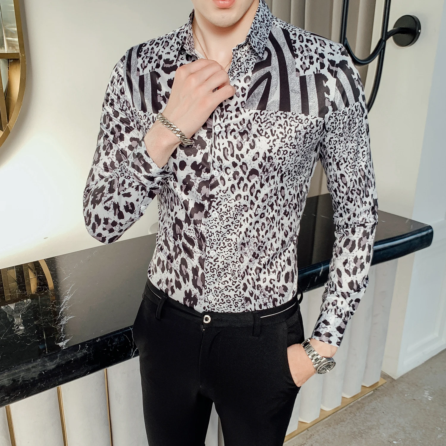 

Print Luxury Leopard Shirt Men Long Sleeve 2020 Autumn Party Club Shirt Men DJ Singer Camisa Homem Prom Camisa Masculina