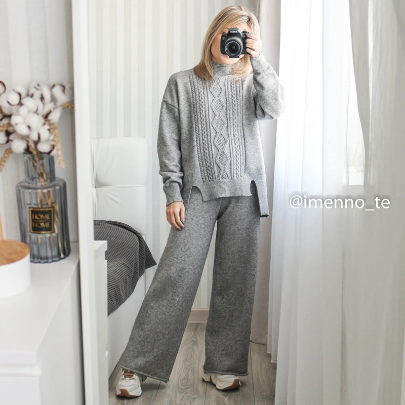 GIGOGOU Cashmere Women Sweater Tracksuits Wide Leg Pant Suits Thick Warm Female Set 2/Two Piece Sets Cloth