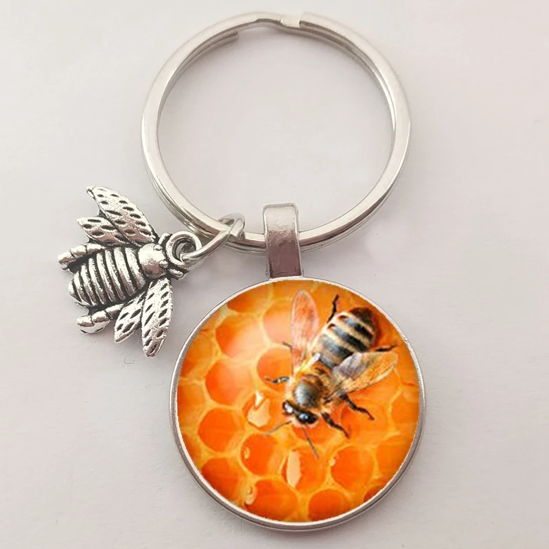 Cute Insect Bee Keychain Fashion Geometric Honeycomb Honey Bee 3D Printed Glass Dome Key Ring Chain Bumble Bee Trinkets