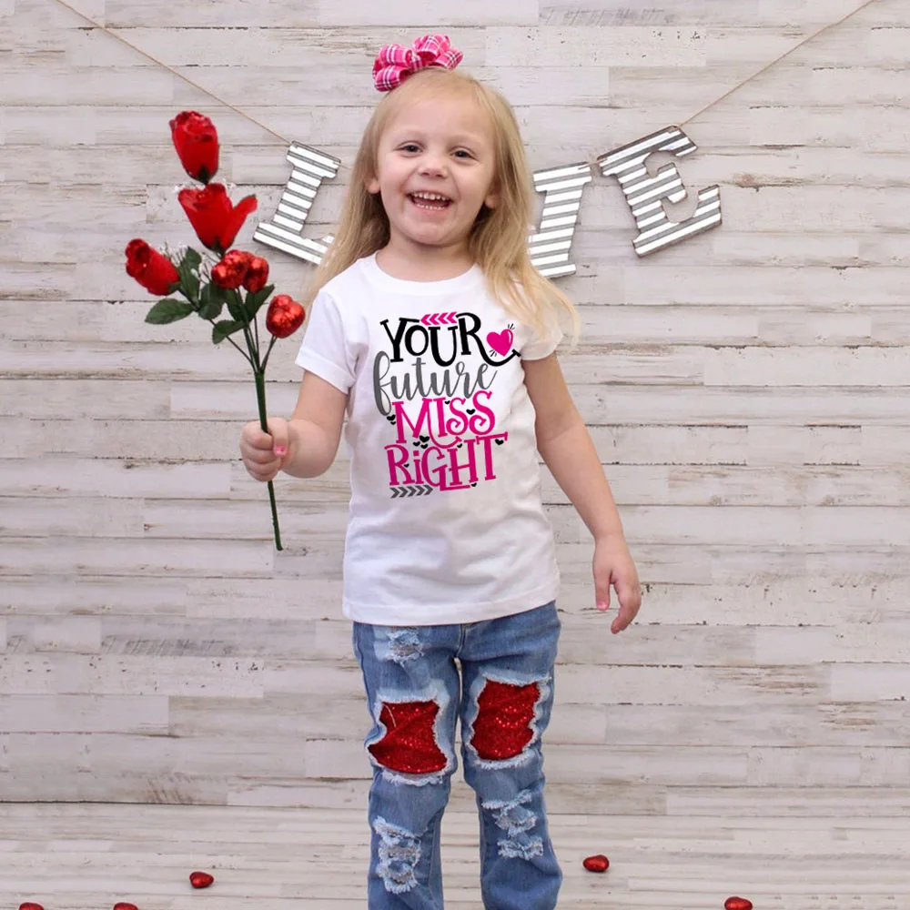 

Valentine's Day Your Future Miss Right Girl's Valentine Shirt Arrow Heart Baby Girls Tops Tee Shirts Sweet Kisses Funny Kids