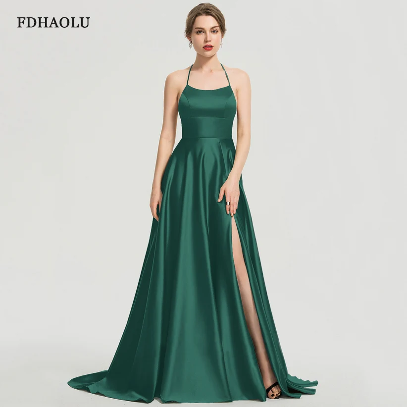 AE19 Sexy Backless Panjang Gaun Prom Hijau Gaun Malam Satin Prom Gaun Spaghetti Strap Celah Gaun Pesta