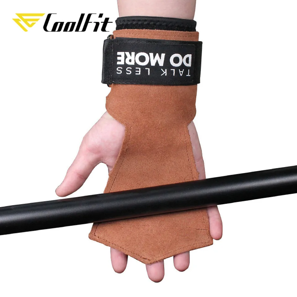 CoolFit Leather Weight Lifting Grips Gym Gloves Heavy Duty Palm Straps with Neoprene Padded Wrist Wrap for Barbell Deadlifts