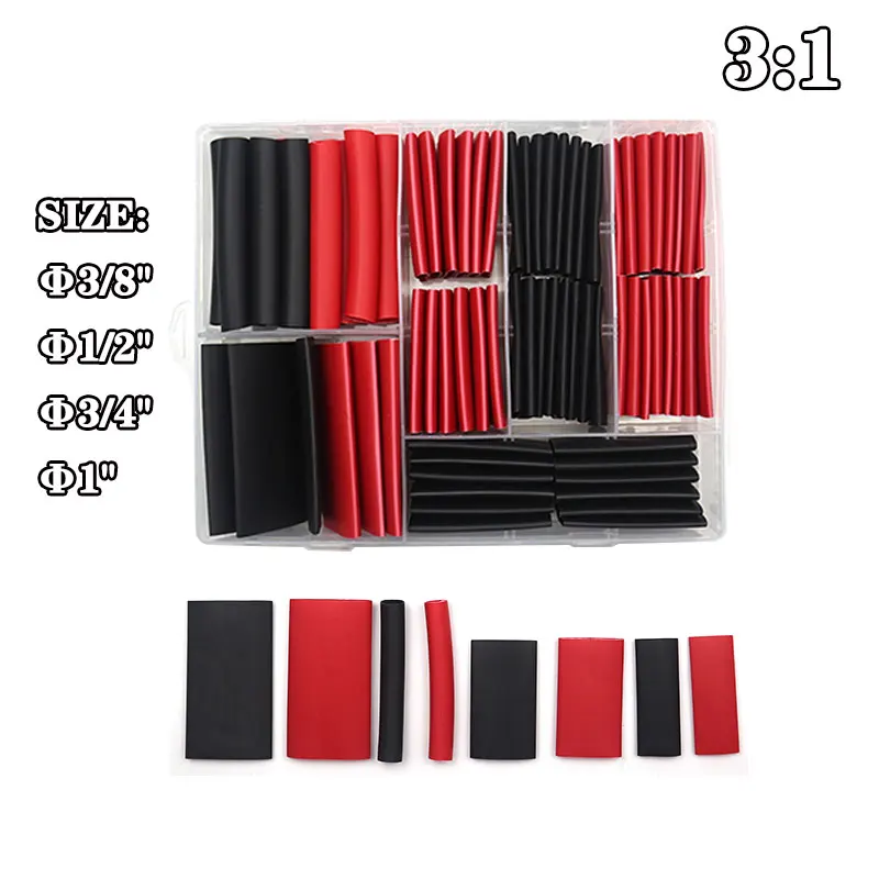 74PCS 3:1 Heat Shrink Tubing Double-Wall Adhesive Lined Shrink Tube Assortment Kit 4 Large Size 1 3/4 1/2 3/8 Inch Black Red